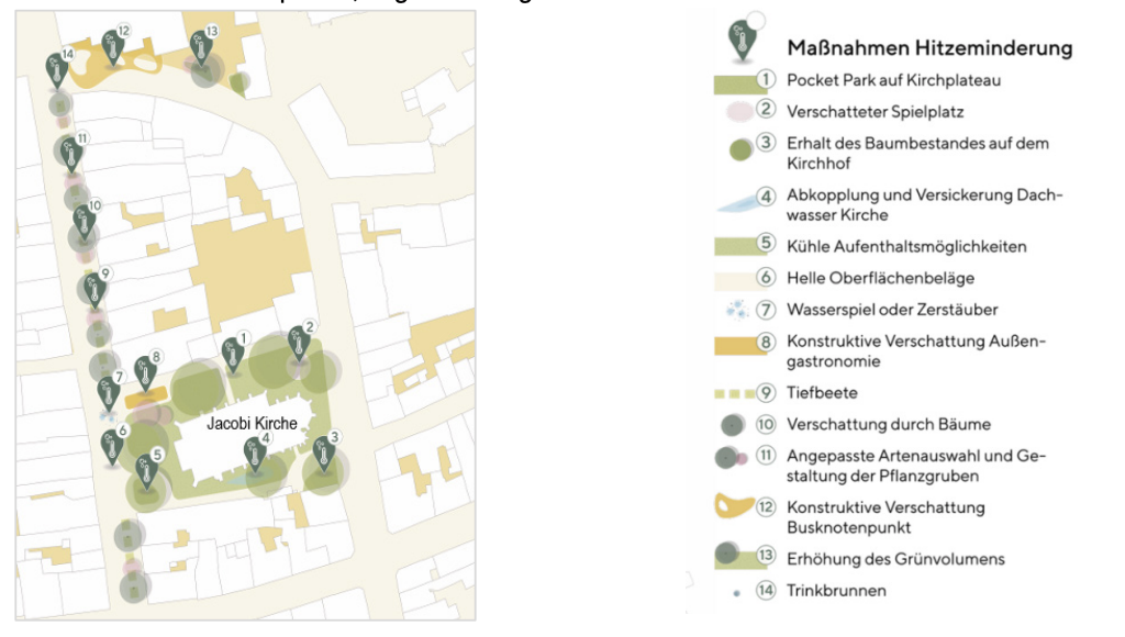 Stadtplan: Jacobi Kirche umgeben von Markierungen; rechts Legende zu Hitzeminderungsmaßnahmen (Parks, Bäume, Schatten, Brunnen)